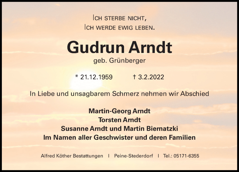  Traueranzeige für Gudrun Arndt vom 12.02.2022 aus Peiner Allgemeine Zeitung