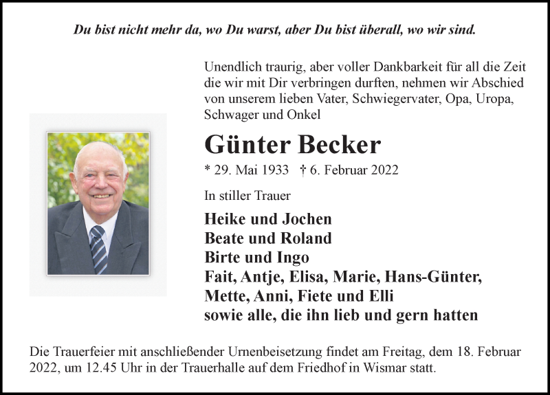  Traueranzeige für Günter Becker vom 12.02.2022 aus Ostsee-Zeitung GmbH