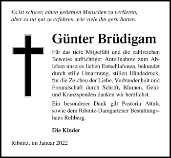 Traueranzeige von Günter Brüdigam von Ostsee-Zeitung GmbH