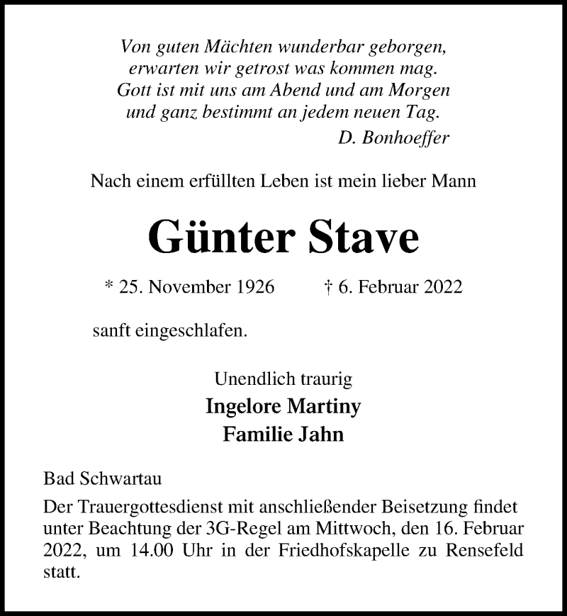  Traueranzeige für Günter Stave vom 13.02.2022 aus Lübecker Nachrichten