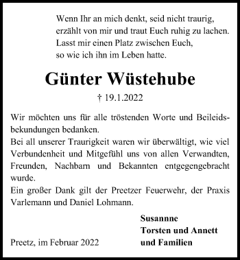 Traueranzeige von Günter Wüstehube von Kieler Nachrichten