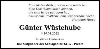 Traueranzeige von Günter Wüstehube von Kieler Nachrichten