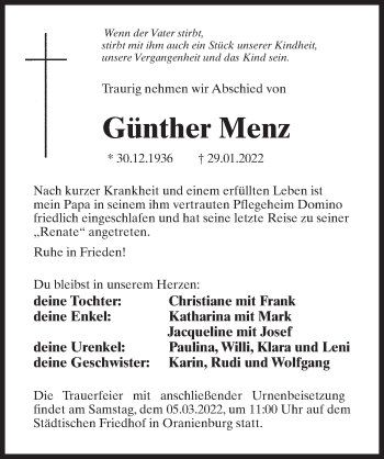 Traueranzeige von Günther Menz von Märkischen Allgemeine Zeitung