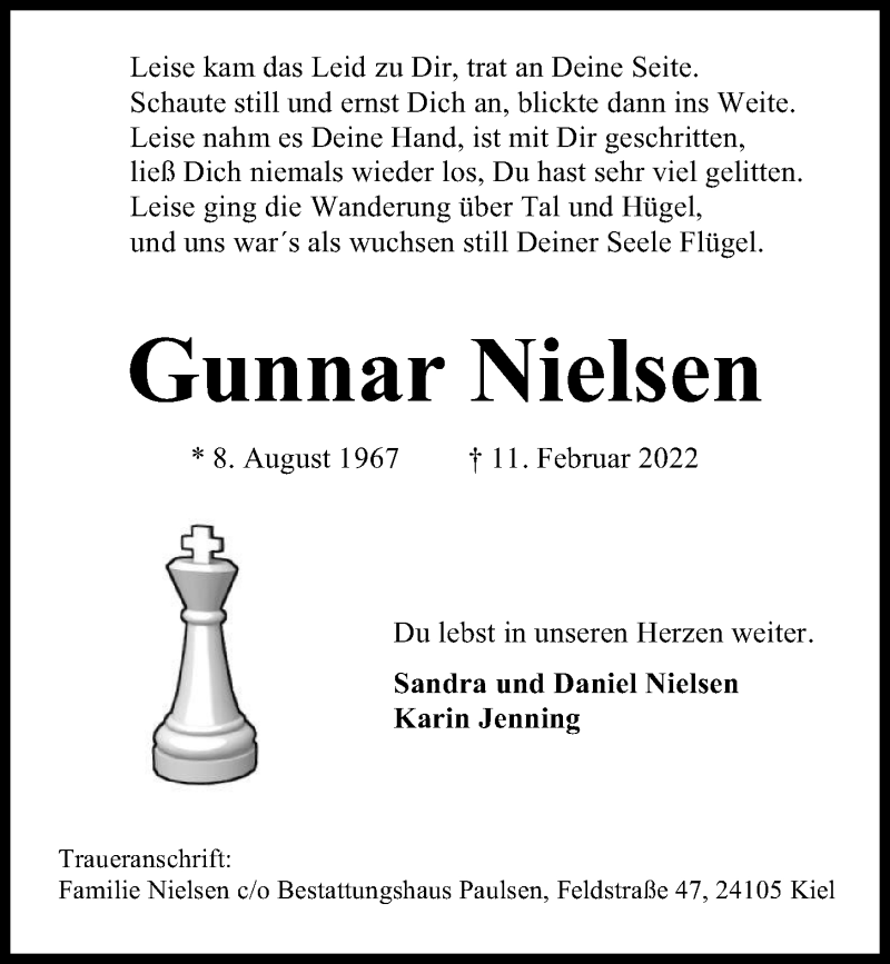  Traueranzeige für Gunnar Nielsen vom 19.02.2022 aus Kieler Nachrichten