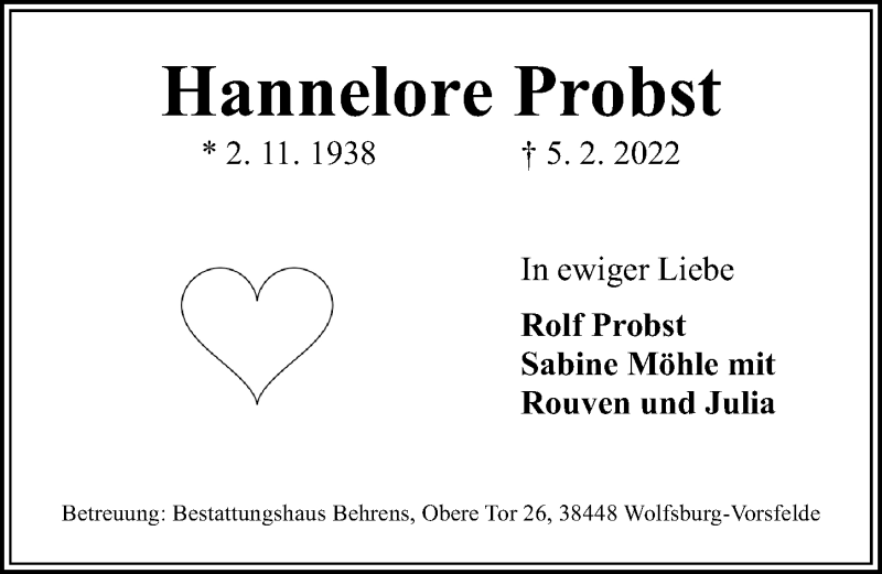  Traueranzeige für Hannelore Probst vom 12.02.2022 aus Aller Zeitung