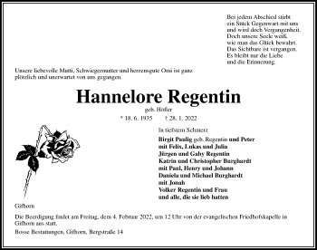 Traueranzeige von Hannelore Regentin von Aller Zeitung