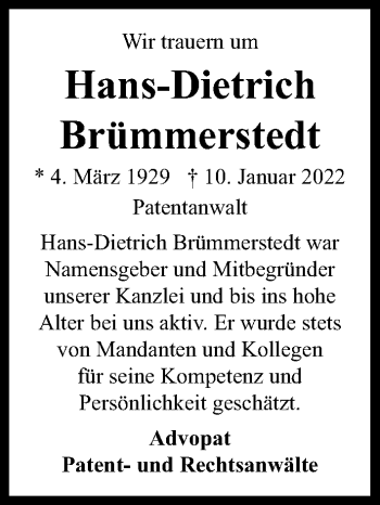 Traueranzeige von Hans-Dietrich Brümmerstedt von Hannoversche Allgemeine Zeitung/Neue Presse