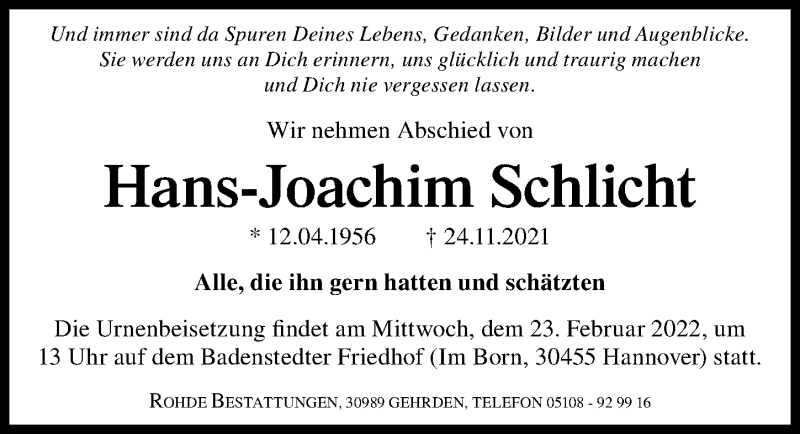  Traueranzeige für Hans-Joachim Schlicht vom 19.02.2022 aus Hannoversche Allgemeine Zeitung/Neue Presse