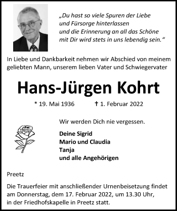 Traueranzeige von Hans-Jürgen Kohrt von Kieler Nachrichten