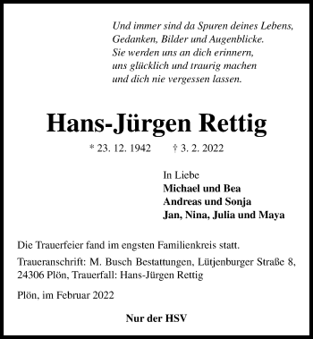 Traueranzeige von Hans-Jürgen Rettig von Kieler Nachrichten