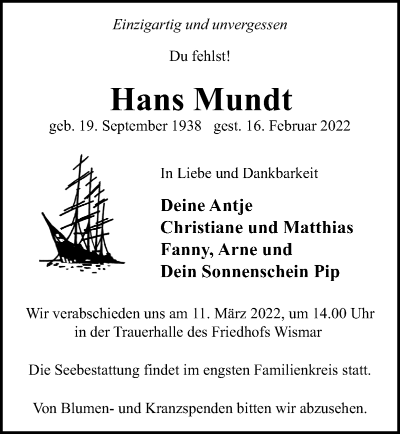  Traueranzeige für Hans Mundt vom 26.02.2022 aus Ostsee-Zeitung GmbH