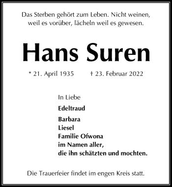 Traueranzeige von Hans Suren von Kieler Nachrichten