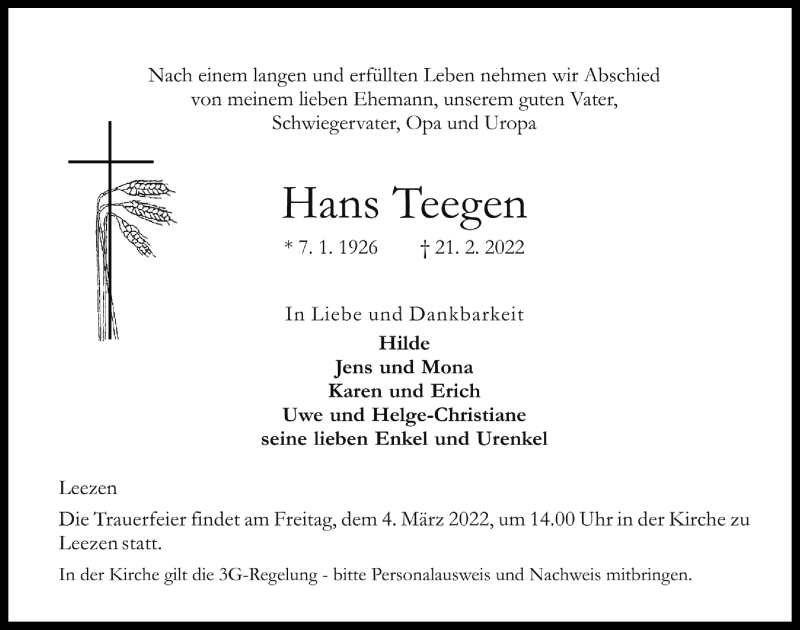  Traueranzeige für Hans Teegen vom 26.02.2022 aus Kieler Nachrichten