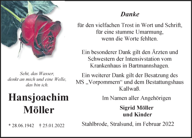  Traueranzeige für Hansjoachim Möller vom 26.02.2022 aus Ostsee-Zeitung GmbH