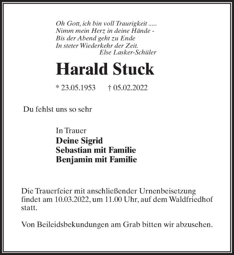  Traueranzeige für Harald Stuck vom 26.02.2022 aus Märkischen Allgemeine Zeitung