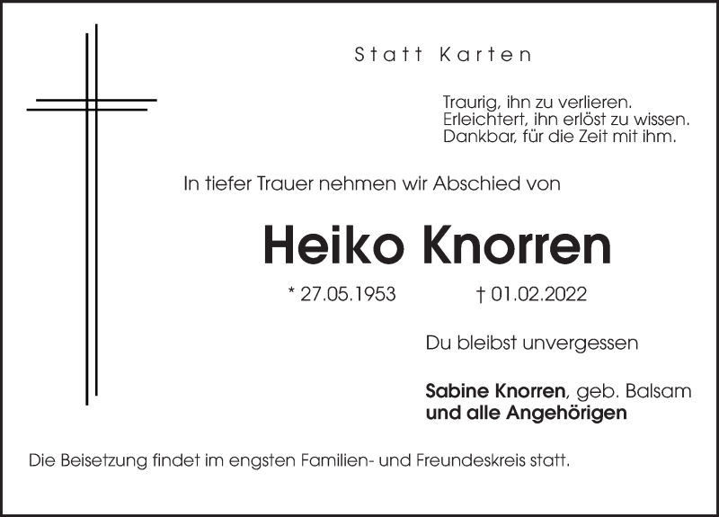  Traueranzeige für Heiko Knorren vom 19.02.2022 aus Hannoversche Allgemeine Zeitung/Neue Presse