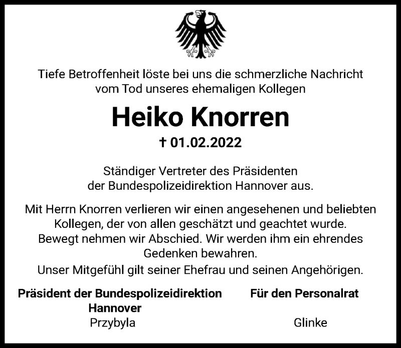  Traueranzeige für Heiko Knorren vom 19.02.2022 aus Hannoversche Allgemeine Zeitung/Neue Presse