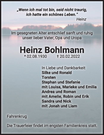 Traueranzeige von Heinz Bohlmann von Kieler Nachrichten