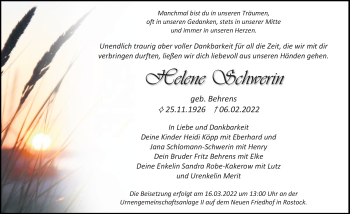 Traueranzeige von Helene Schwerin von Ostsee-Zeitung GmbH