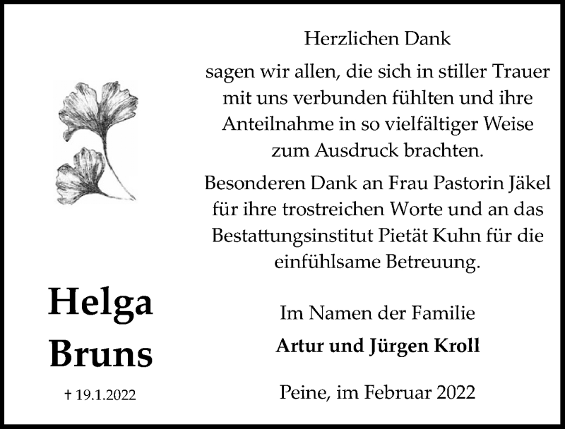  Traueranzeige für Helga Bruns vom 12.02.2022 aus Peiner Allgemeine Zeitung