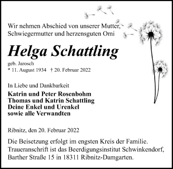 Traueranzeige von Helga Schattling von Ostsee-Zeitung GmbH