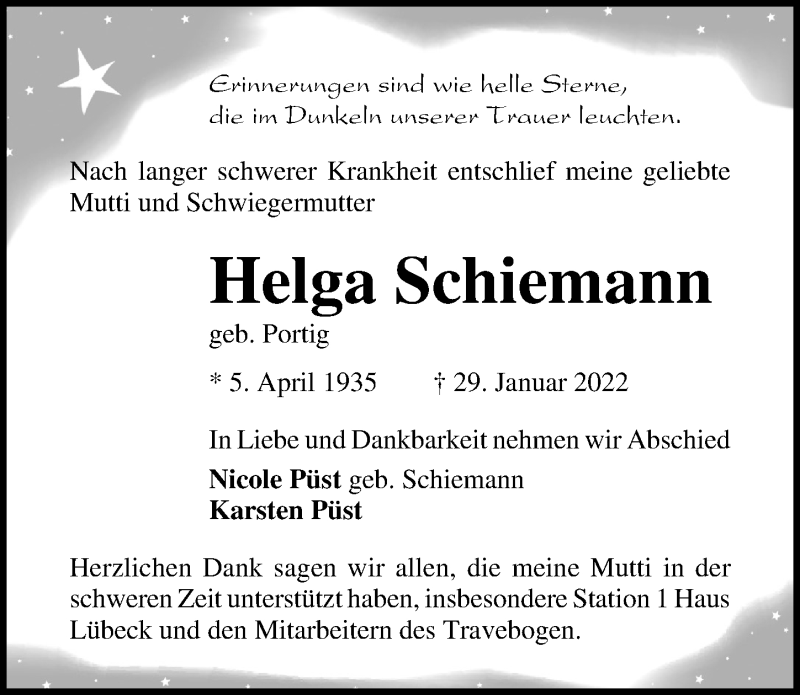  Traueranzeige für Helga Schiemann vom 12.02.2022 aus Lübecker Nachrichten