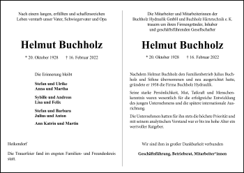 Traueranzeige von Helmut Buchholz von Kieler Nachrichten