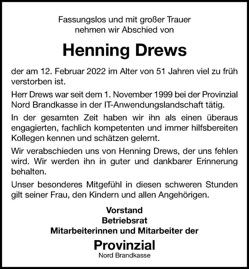  Traueranzeige für Henning Drews vom 19.02.2022 aus Kieler Nachrichten