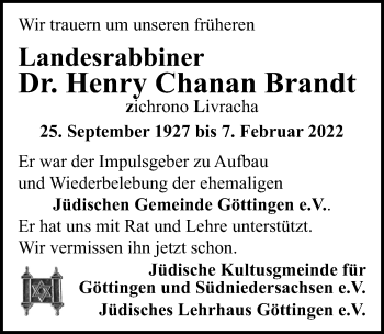 Traueranzeige von Henry Chanan Brandt von Göttinger Tageblatt