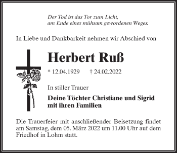 Traueranzeige von Herbert Ruß von Märkischen Allgemeine Zeitung