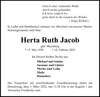 Traueranzeige von Herta Ruth Jacob von Lübecker Nachrichten