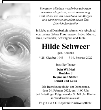 Traueranzeige von Hilde Schweer von Schaumburger Nachrichten