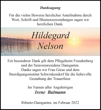 Traueranzeige von Hildegard Nelson von Ostsee-Zeitung GmbH