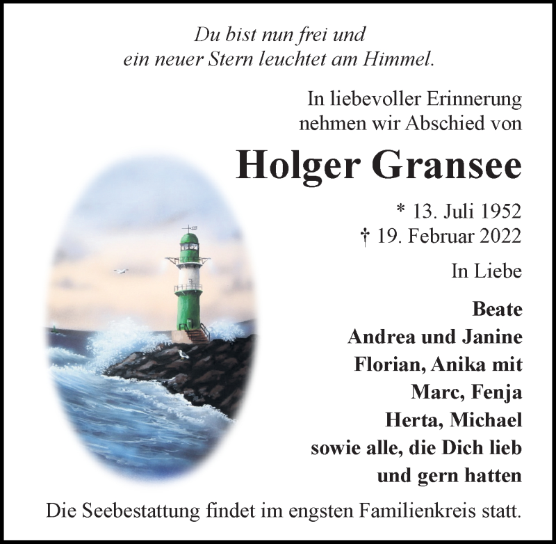 Traueranzeige für Holger Gransee vom 26.02.2022 aus Ostsee-Zeitung GmbH