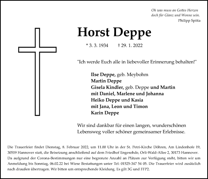  Traueranzeige für Horst Deppe vom 05.02.2022 aus Hannoversche Allgemeine Zeitung/Neue Presse