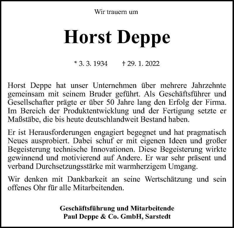  Traueranzeige für Horst Deppe vom 05.02.2022 aus Hannoversche Allgemeine Zeitung/Neue Presse