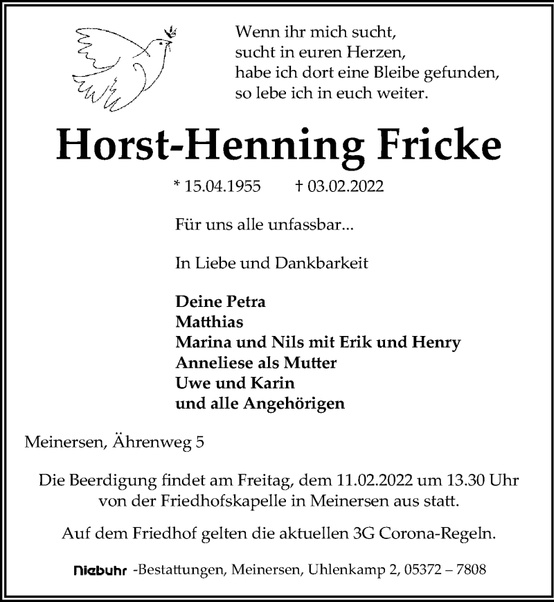 Traueranzeige für Horst-Henning Fricke vom 08.02.2022 aus Aller Zeitung