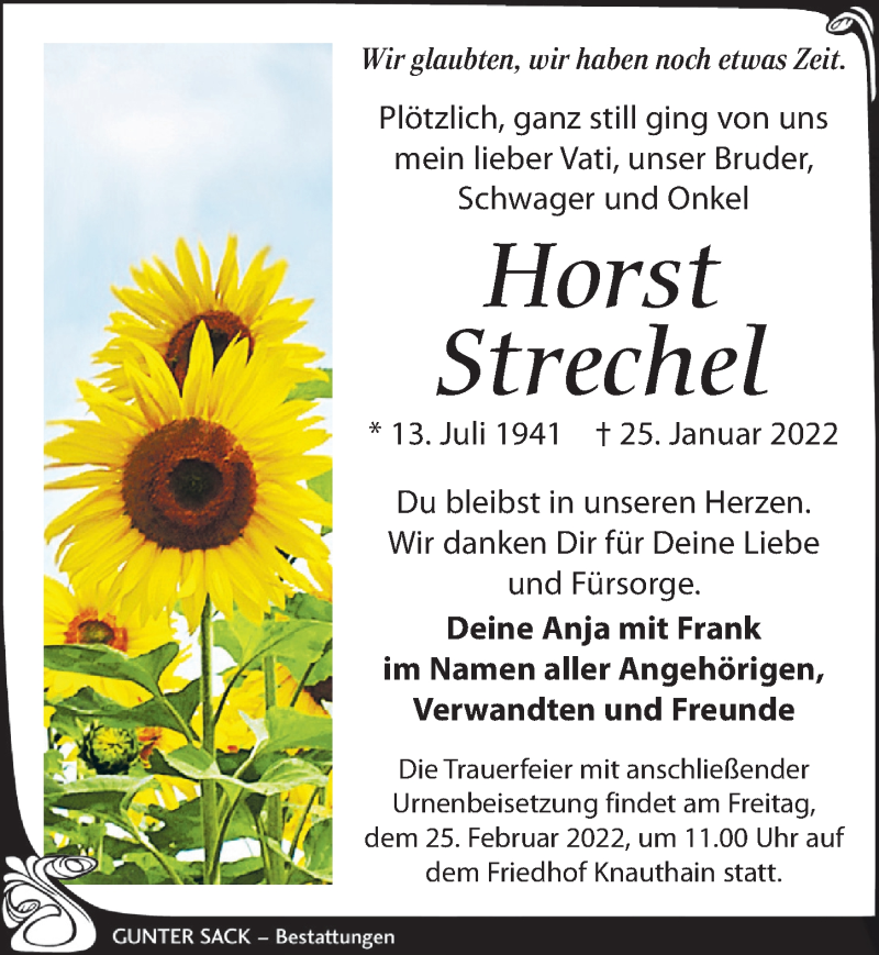  Traueranzeige für Horst Strechel vom 12.02.2022 aus Leipziger Volkszeitung