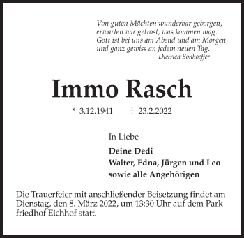 Traueranzeige von Immo Rasch von Kieler Nachrichten
