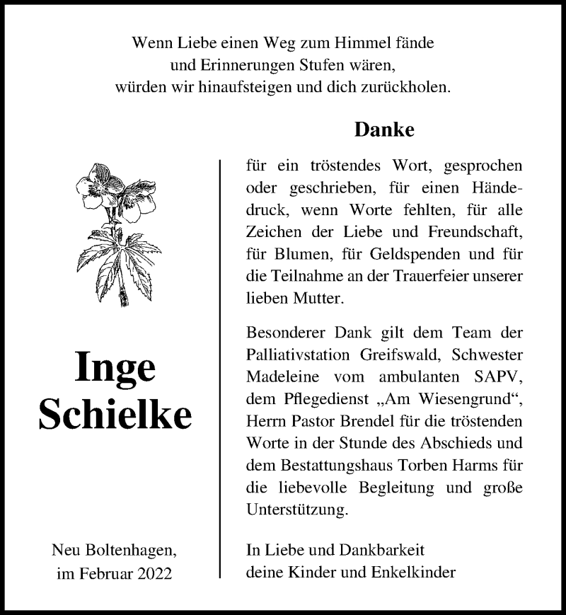  Traueranzeige für Inge Schielke vom 12.02.2022 aus Ostsee-Zeitung GmbH