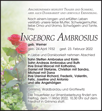 Traueranzeige von Ingeborg Ambrosius von Leipziger Volkszeitung
