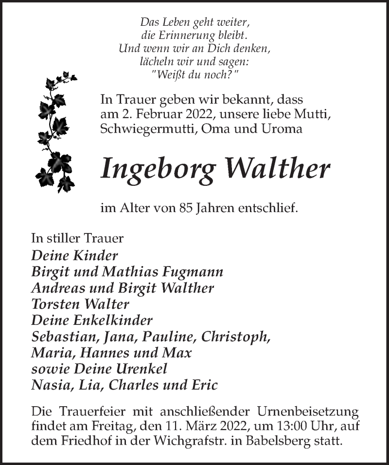  Traueranzeige für Ingeborg Walther vom 26.02.2022 aus Märkischen Allgemeine Zeitung