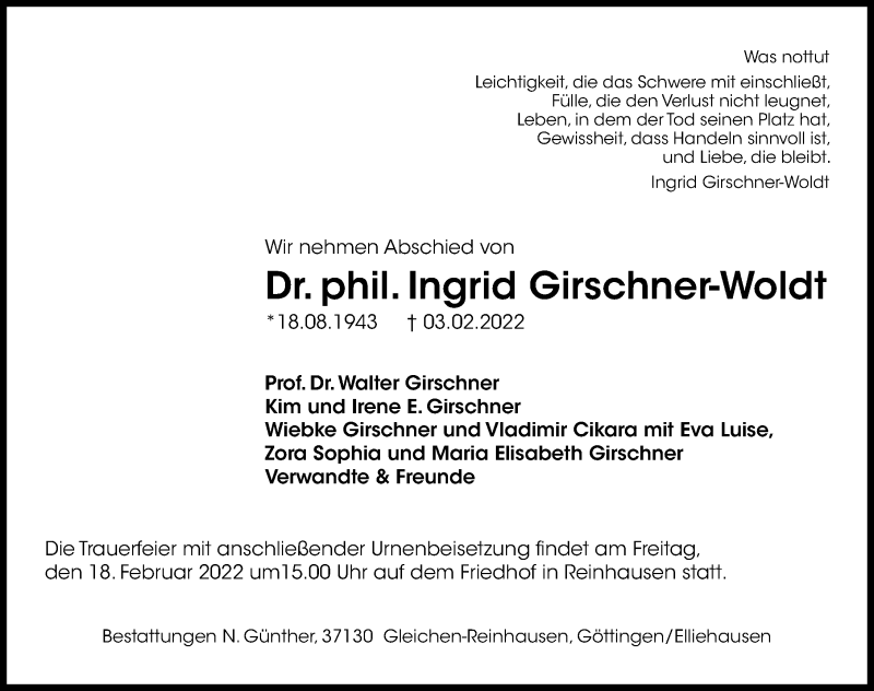  Traueranzeige für Ingrid Girschner-Woldt vom 12.02.2022 aus Göttinger Tageblatt