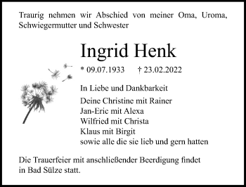 Traueranzeige von Ingrid Henk von Ostsee-Zeitung GmbH