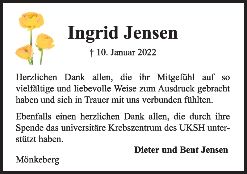  Traueranzeige für Ingrid Jensen vom 05.02.2022 aus Kieler Nachrichten