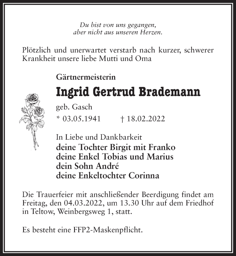  Traueranzeige für Ingrid Gertrud Brademann vom 26.02.2022 aus Märkischen Allgemeine Zeitung