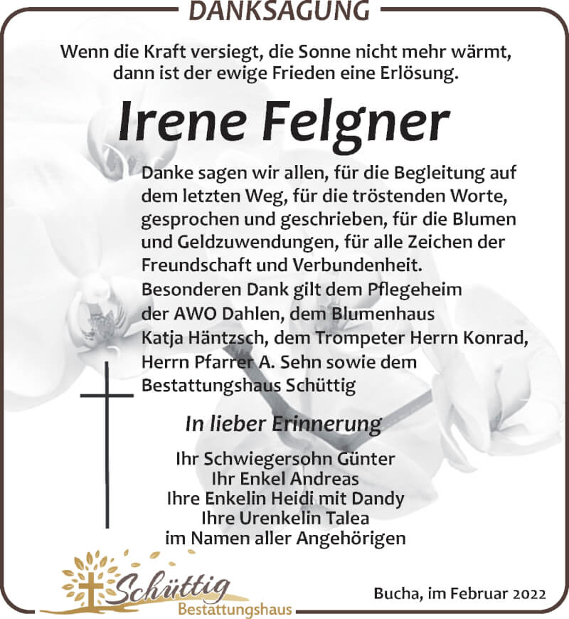  Traueranzeige für Irene Felgner vom 19.02.2022 aus Leipziger Volkszeitung