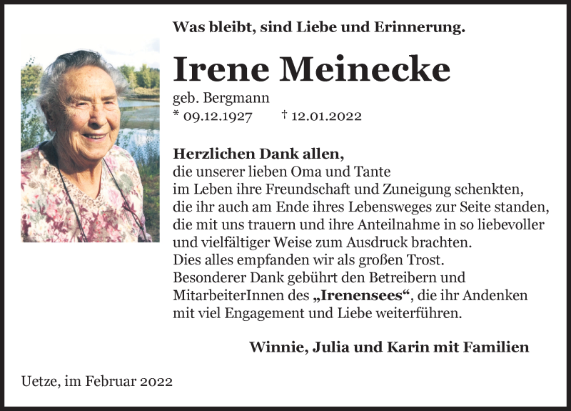  Traueranzeige für Irene Meinecke vom 12.02.2022 aus Hannoversche Allgemeine Zeitung/Neue Presse