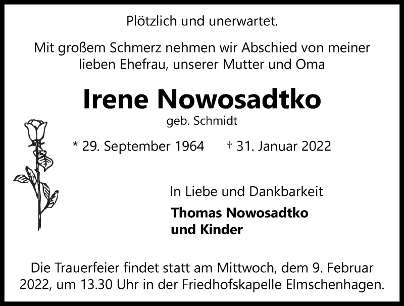  Traueranzeige für Irene Nowosadtko vom 05.02.2022 aus Kieler Nachrichten