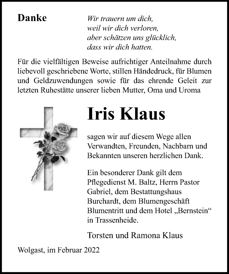  Traueranzeige für Iris Klaus vom 12.02.2022 aus Ostsee-Zeitung GmbH